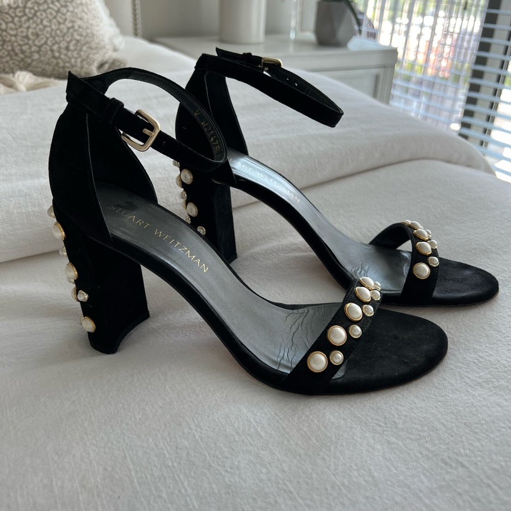 Stuart Weitzman Black Suede Block Heels with Pearl Accents